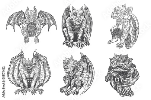Set of gargoyle in sitting aggressive position to attack.  Human and dragon bat like demon Chimera fantastic beast creature with horns fangs and claws. Hand drawn gothic guardians at medieval. Vector