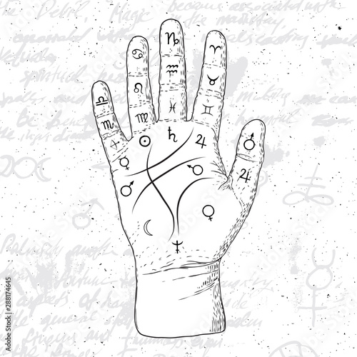 Chiromancy hand, ancient palm reading drawing and spiritual symbols. Divination and prediction, palmistry map on open hand with signs of the planets. Magic witchcraft writing background. Vector.