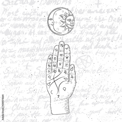 Chiromancy hand, ancient palm reading drawing and spiritual symbols. Divination and prediction, palmistry map on open hand with signs of the planets. Magic witchcraft writing background. Vector.