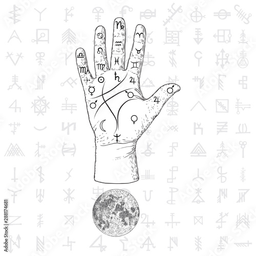 Fortune teller hand with Palmistry diagram hand drawn design. Vintage illustration for tattoo template. Palm reading magic spirituality zodiac constellations on sacred symbols background. Vector.