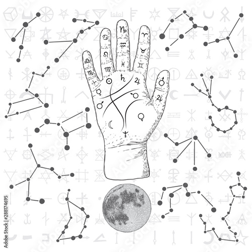 Fortune teller hand with Palmistry diagram hand drawn design. Vintage illustration for tattoo template. Palm reading magic spirituality zodiac constellations on sacred symbols background. Vector.