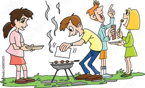 Cartoon people making barbeque and chatting in the garden vector illustration