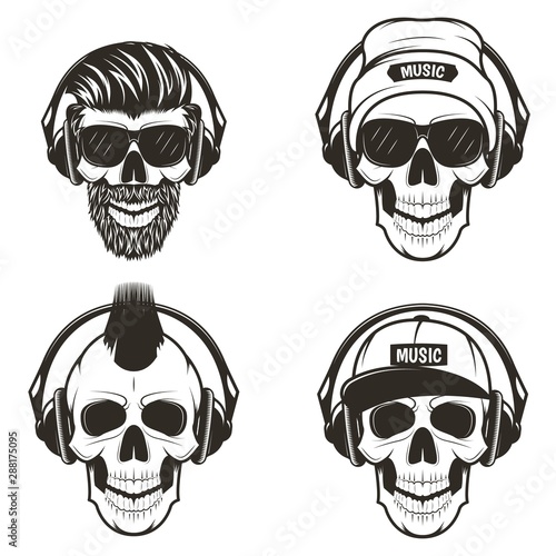 Music skull front view set, vector hand drawn illustration