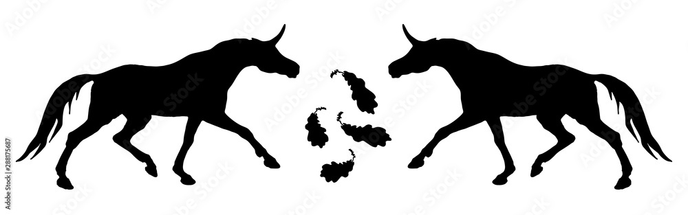 isolated image of the figure, the black silhouettes of two running unicorns on a white background and oak leaves