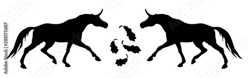 isolated image of the figure, the black silhouettes of two running unicorns on a white background and oak leaves