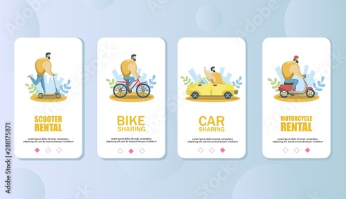 Transport rental mobile app onboarding screens vector template