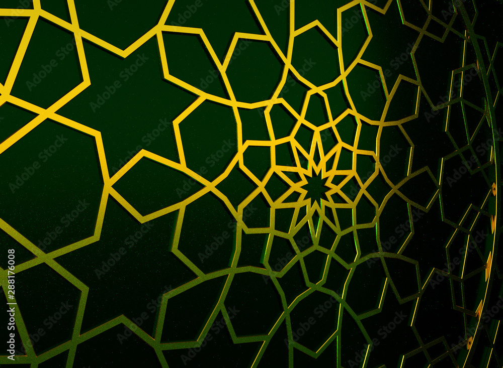 Golden arabic ornament on the green wall with islamic door. 3D illustration Golden arabic ornament on the green wall with islamic door. 3D illustration