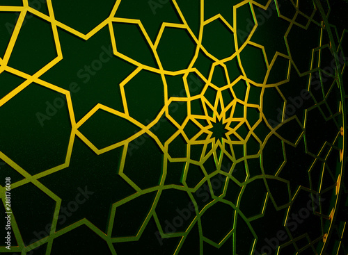 Golden arabic ornament on the green wall with islamic door. 3D illustration