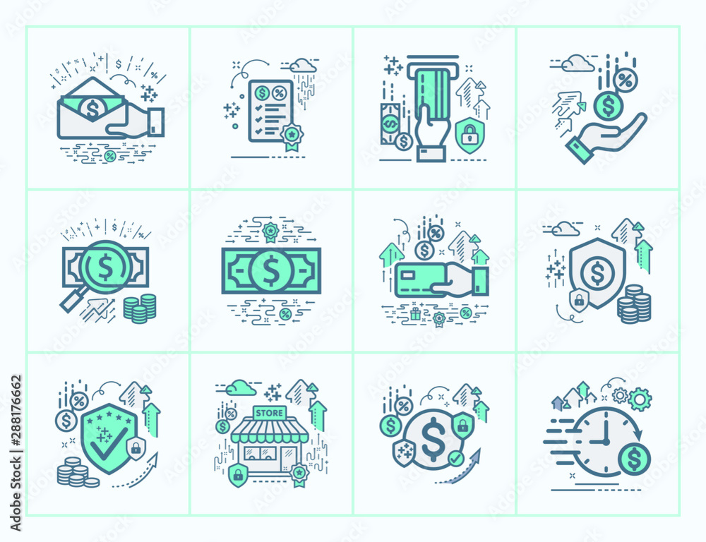 Set of vector line icons in flat design concept for business, finance, banking and accounting with elements for web apps and mobile apps / Modern infographic logo and pictogram Collection. Set of vector line icons in flat design concept for business, finance, banking and accounting with elements for web apps and mobile apps / Modern infographic logo and pictogram Collection.