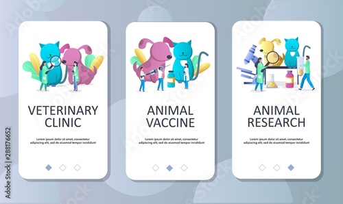 Veterinary clinic mobile app onboarding screens vector template