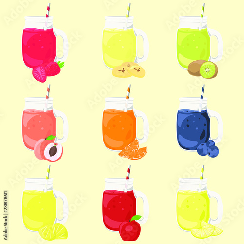 Fruit smoothie cartoon vector clip-art set. Colored isolated drinks illustration.
