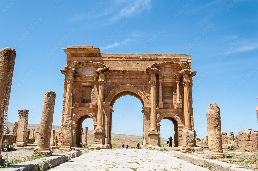 Timgad, Algeria - 05/07/2015: Ruins of ancient Roman city of Timgad/Thamugadi.