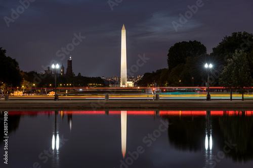 Washington Monument - A night view of Washington Monument reflected in Capitol Reflecting Pool. Washington, D.C., USA. It's a public building. No recognizable trademark, logo or person in the image.