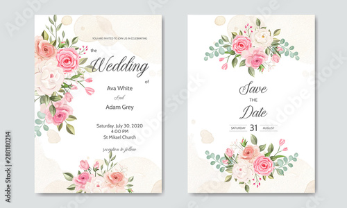 wedding invitation card  template set with beautiful floral leaves © mariadeta