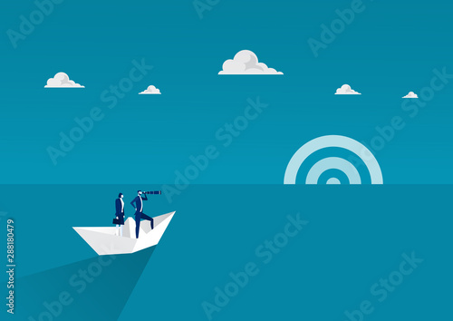 businessman and woman on paper boat with telescope. Symbol of leader, success, ambition, leadership, future.