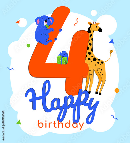 Children 4th birthday greeting card vector template