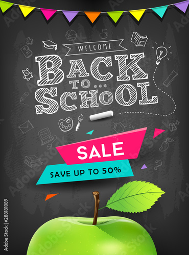 Back to school vector apple sale concept design on blackboard background, illustration