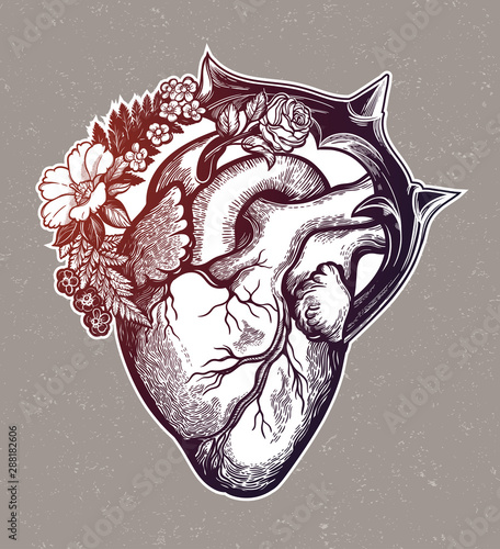 Naturalistic heart in a frame of flowers and thorns.Vintage gothic style inspired art. Vector illustration isolated. Tattoo design, trendy romance symbol for your use.