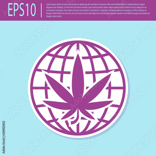 Retro purple Legalize marijuana or cannabis globe symbol icon isolated on turquoise background. Hemp symbol. Vector Illustration