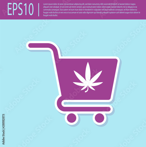 Retro purple Shopping cart with marijuana or cannabis leaf icon isolated on turquoise background. Online buying. Delivery service. Supermarket basket. Vector Illustration