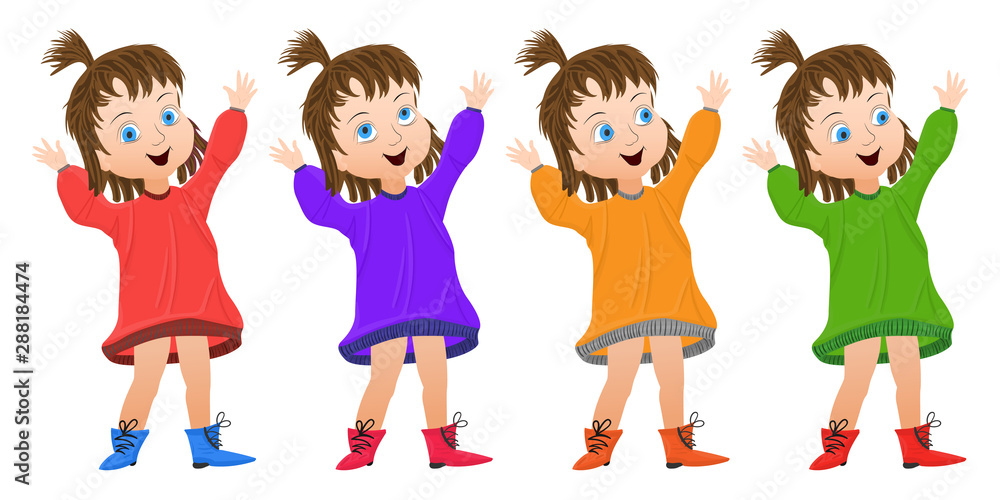 Cheerful joyful girl in a dress and boots with hands up. The direction of view can be changed. Vector illustration for baby design.