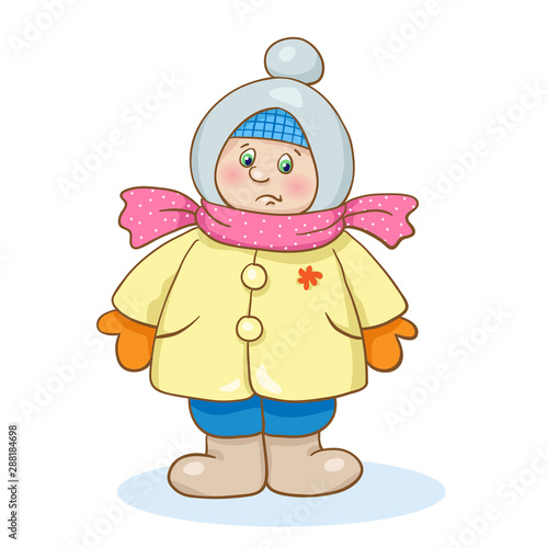  Funny warmly dressed baby in cartoon style. Isolated on white background. Children in winter.
