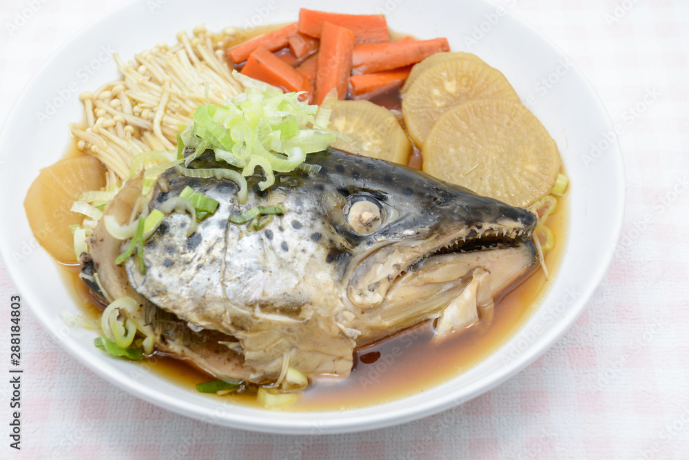 Soup Salmon in soy source with vegetables, Japanese foods Soup Salmon in soy source with vegetables, Japanese foods