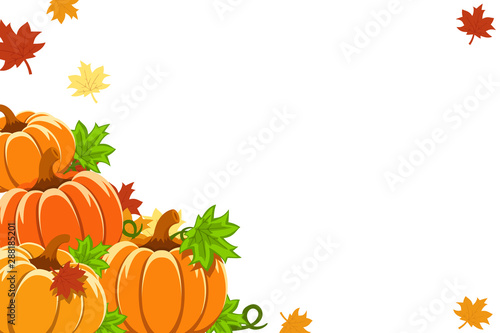 Pile of pumpkins with yellow leaves on a white background, space for text.