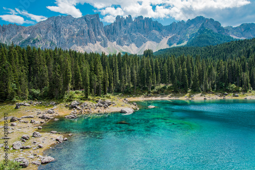 Enchanted Panorama. Lake of Carezza. Dolomites, Italy