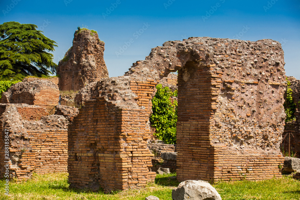 Detail of the walls of the ruins at the Flavian Palace also known as the Domus Flavia on the Palatine Hill in Rome