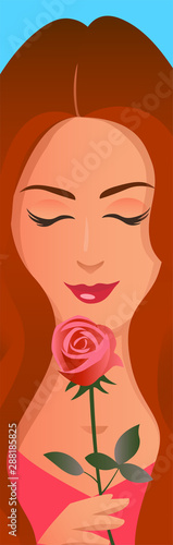 The face of a beautiful girl with long brown hair. In her hand she holds a red rose and enjoys the aroma of a flower. Vector vertical illustration on the theme of love. © Mikhail Ognev