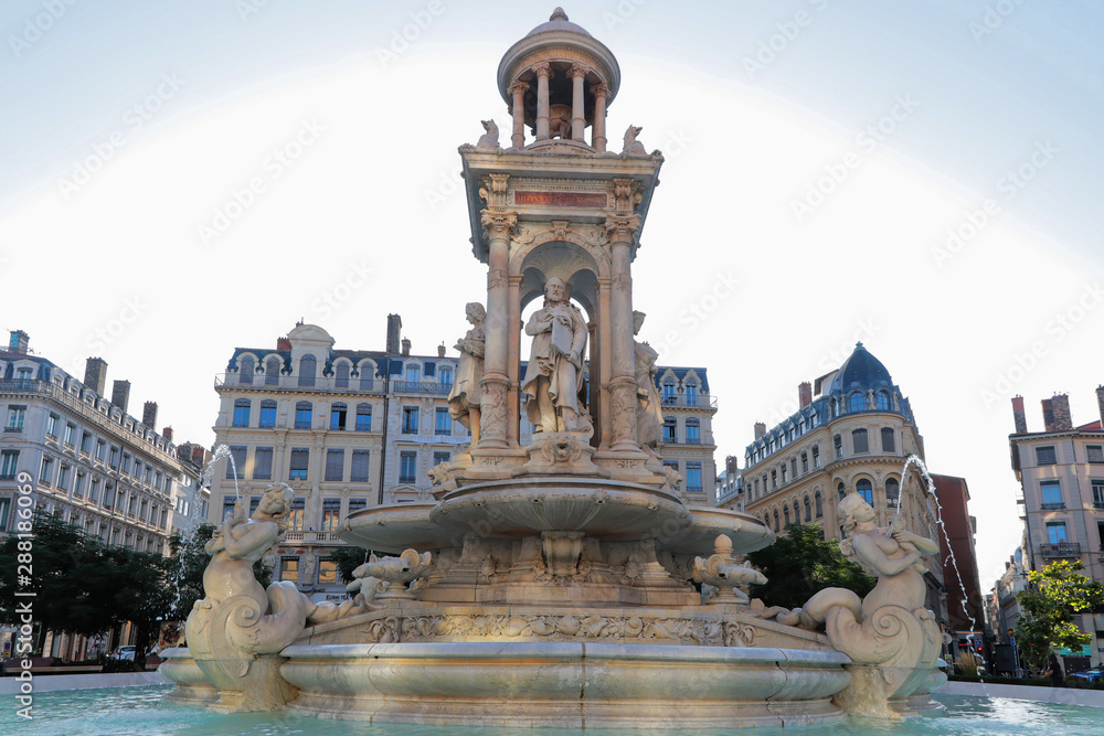 LYON, FRANCE, SEPTEMBER 6, 2019 : Fountain in Place des Jacobins. The square belongs to the World Heritage Site and is one of the most famous in Lyon.