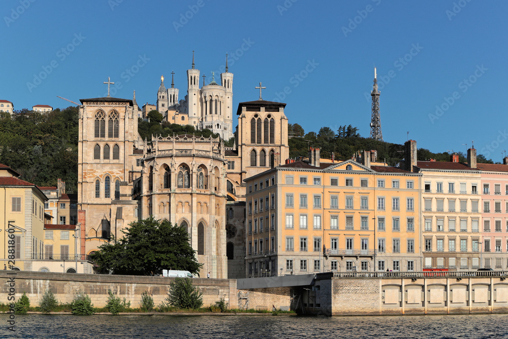 LYON, FRANCE, SEPTEMBER 6, 2019 : Lyon Cathedral. Begun in 1180 on the ruins of a 6th-century church, Saint-Jean Cathedral was completed in 1476.