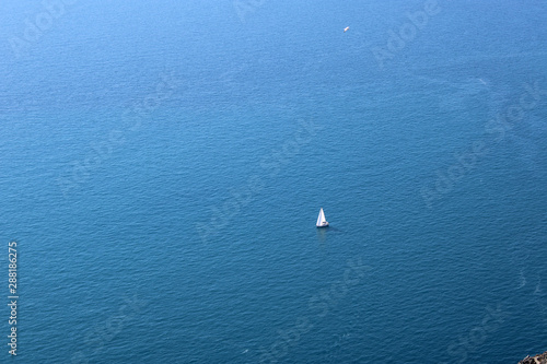 Mare con barca a vela e gabbiano in volo