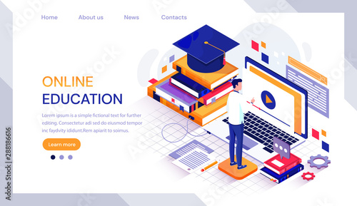 Online education infographic with male student working on a laptop computer surrounded by textbooks and a mortarboard hat from graduation, vector illustration