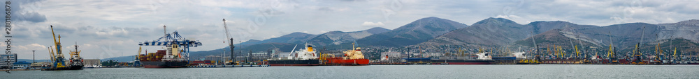 Commercial port, at the foot of the mountains, panorama