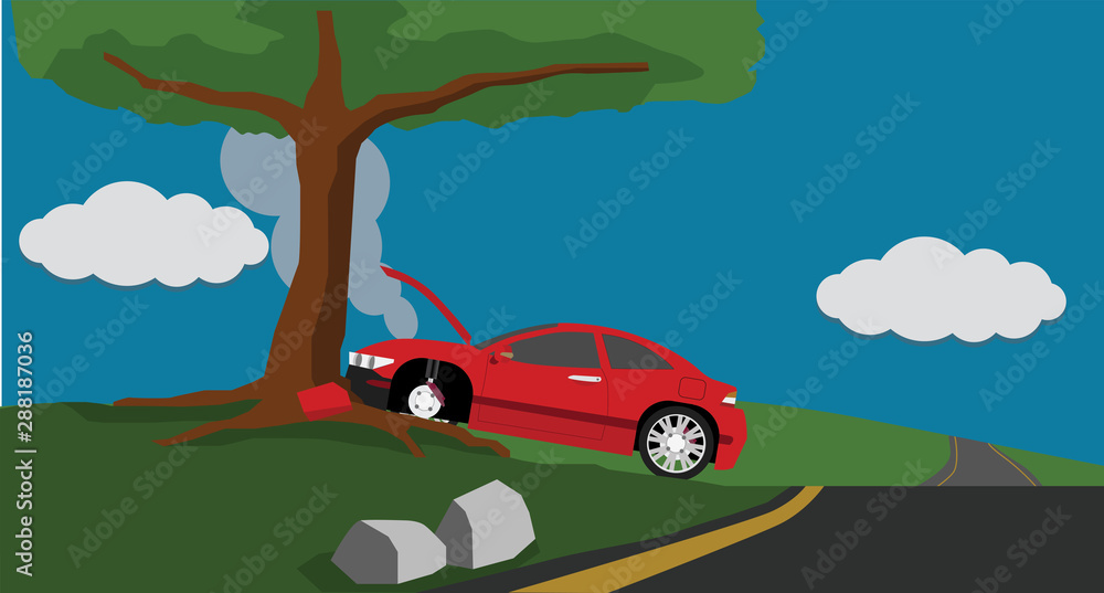 Damage of Car accidents fall up from the road. Land on the grass and hit a large tree. Frontal damage and high smoke. Hardback red color. 
