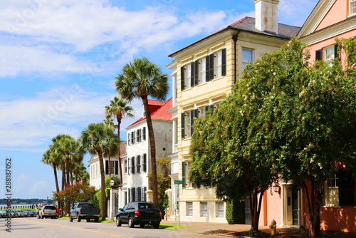 Street view with beautiful buildings,  palm trees and parked cars in the historic downtown area city of Charleston, South Carolina, USA. Southern style architecture background. © Maryna
