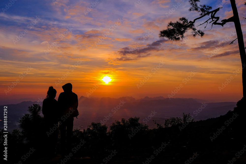 Black silhouette Phu Kradueng National Park at sunrise in Loei,Thailand Black silhouette Phu Kradueng National Park at sunrise in Loei,Thailand