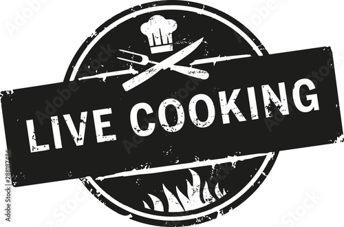 Button Siegel Live Cooking zerkratzt mit Flammen, Kochmütze und Besteck