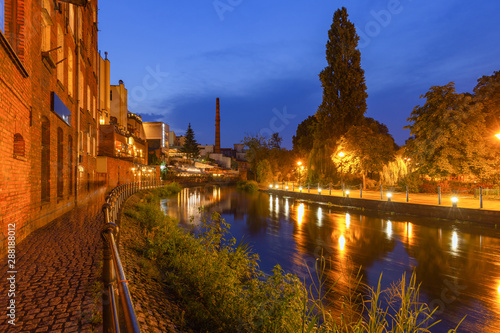 Bydgoszcz by night. Old buildings on the river Brda. A place called Bydgoszcz Venice