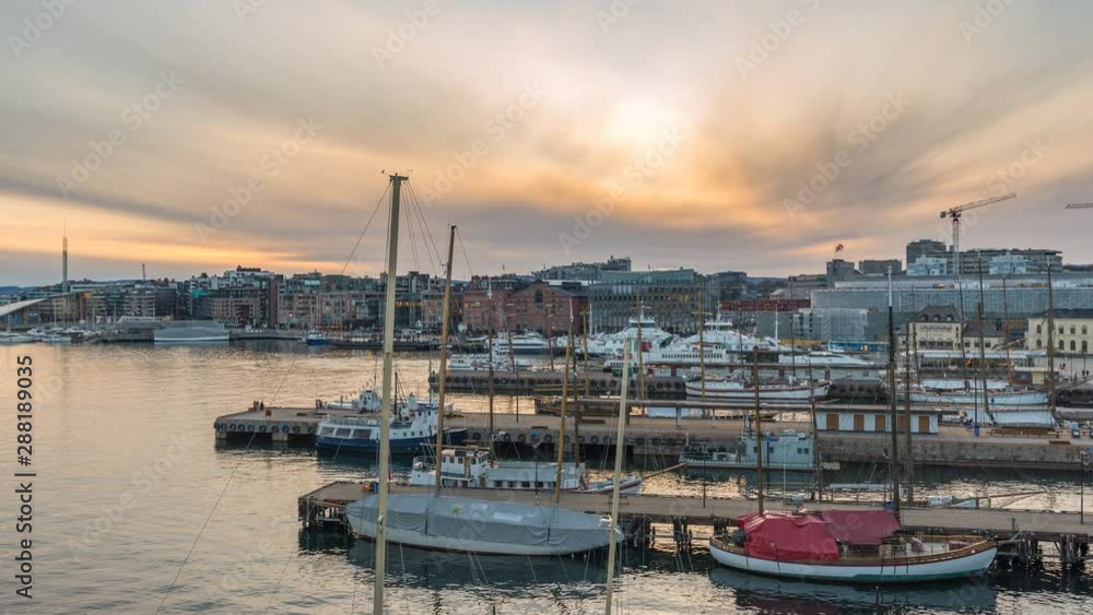 Oslo Norway time lapse 4K, city skyline sunset timelapse at harbour Oslo Norway time lapse 4K, city skyline sunset timelapse at harbour