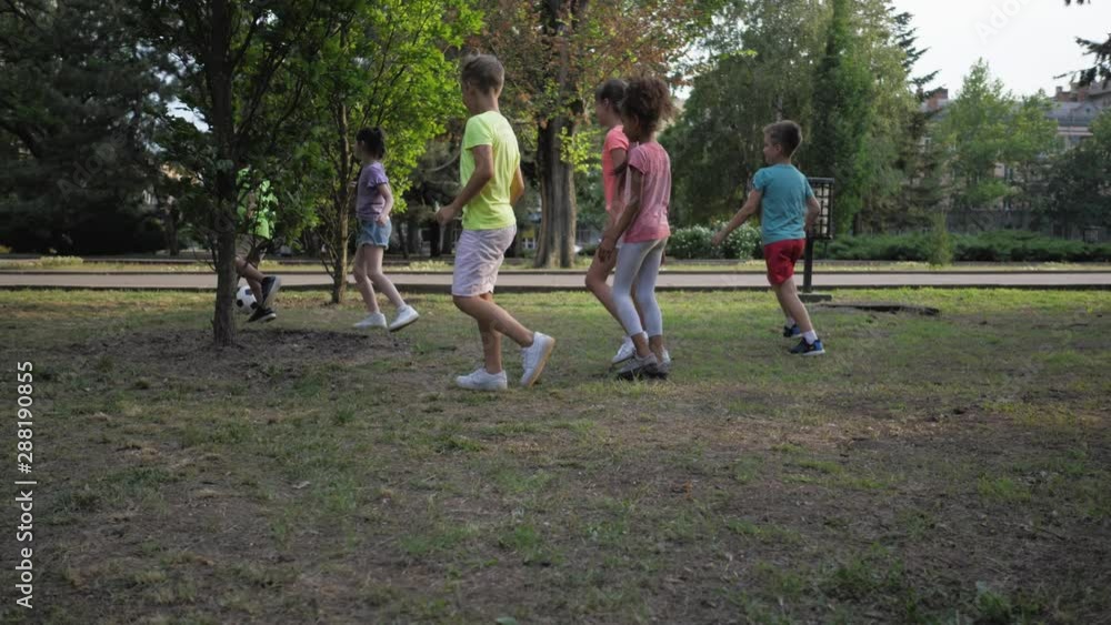Cute little children playing with soccer ball in park, slow motion Cute little children playing with soccer ball in park, slow motion