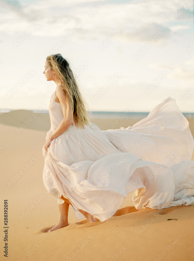 A long haired brunette woman walking in the desert in a airy wavy pink dress A long haired brunette woman walking in the desert in a airy wavy pink dress