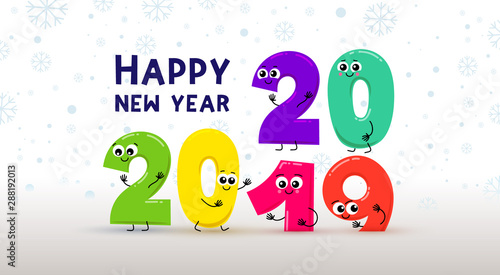 Colorful card for New Year 2020 with happy balloons. Сhildren's balls 2020 replace 2019 balls. Kids party vector illustration. Isolated on white background.