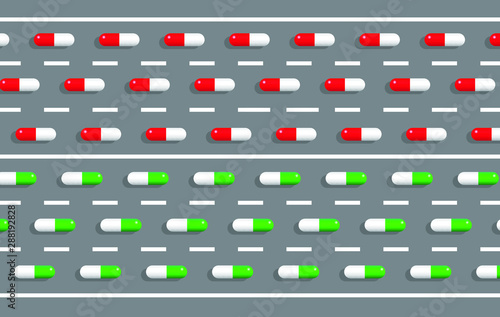 Driving and drugs or medicament concept. Pill capsules on road vector vector illustration