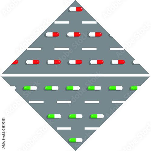 Driving and drugs or medicament concept. Pill capsules on road vector vector illustration