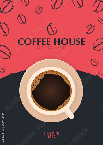 Cup of Coffee. Sketch banner with coffee beans and leaves on colorful background for poster or another template design.