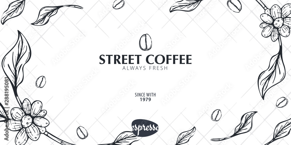 Coffee Sketch banner with coffee beans and leaves for poster or another template design. Coffee Sketch banner with coffee beans and leaves for poster or another template design.