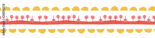 Seamless border hand drawn doodle illustration. Vector kids pattern abstract. Ribbon trim. Yellow, red, pink repeating design. Use for kids fabric, cards, birthday invites, children decor, banner